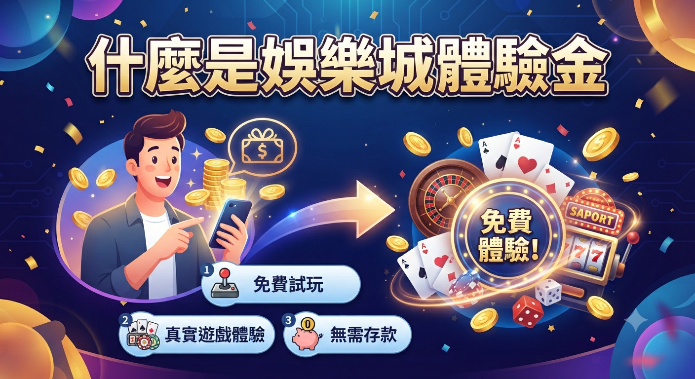 這是一張介紹線上娛樂城體驗金的資訊圖表,上方醒目地顯示著「什麼是娛樂城體驗金」的主標題。 畫面透過插圖展示了玩家使用手機免費試玩、無需存款即可體驗各類遊戲的過程。