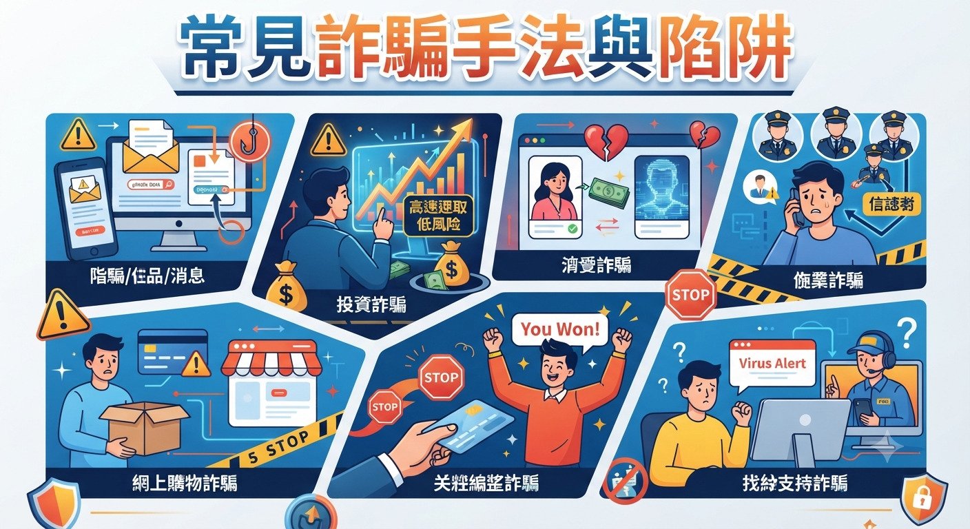 這張資訊圖表以「常見詐騙手法與陷阱」為標題,透過多個插圖展示了網路、投資、交友及網購等各類常見的詐騙情境。 整體設計採用藍色為主色調,旨在提醒大眾提高警覺、防範詐騙陷阱。